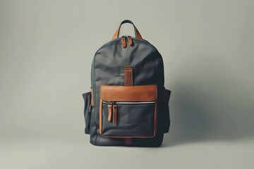 Elegant dark blue and brown leather-accented backpack, a versatile and durable accessory for stylish urban commuting, everyday use, and light travel adventures