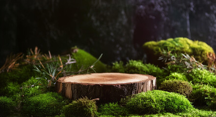 Obraz premium Wooden slice podium on a green moss background. Mockup for the presentation of organic products and cosmetics. Background with empty space for text. Generative AI.