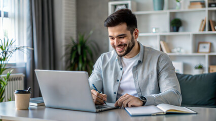 smiling young businessman working with laptop and writing in notebook at home