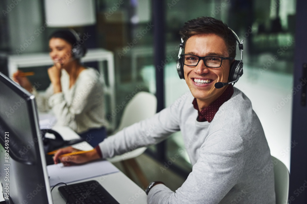 Poster call center, man and portrait with headphones for customer service with communication and faq suppor