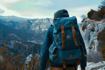 A lone woman views the scenic winter mountain landscape with snow-covered peaks, alpine trees, and clouds filling the sky