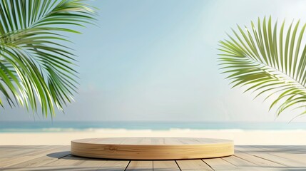 Fototapeta premium Summer product display on wooden podium at sea tropical beach. generative ai