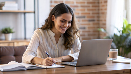 Smiling young woman working on laptop at home. Smiling female freelancer sitting at table with notebook and writing in notepad. Remote work concept