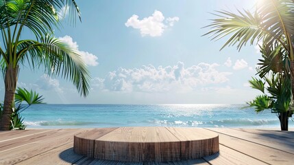 Summer product display on wooden podium at sea tropical beach. generative ai