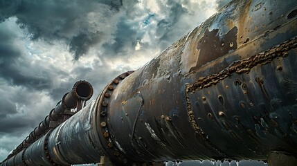 Low angle view of water leaking from huge old pipeline against cloudy sky. 