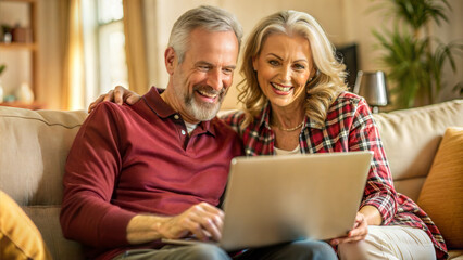 Senior couple using laptop while sitting on sofa at home in the living room
