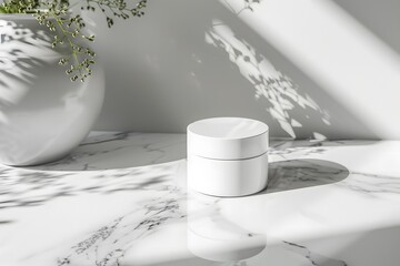 Minimalist cosmetic cream jar on a marble surface with soft light and shadow patterns