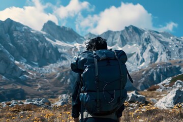 A lone woman views the scenic winter mountain landscape with snow-covered peaks, alpine trees, and clouds filling the sky