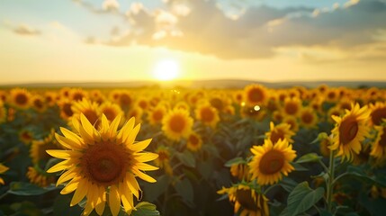 Fototapeta premium landscape of vast agricultural field with blooming yellow sunflowers in summer countryside during sunset. 