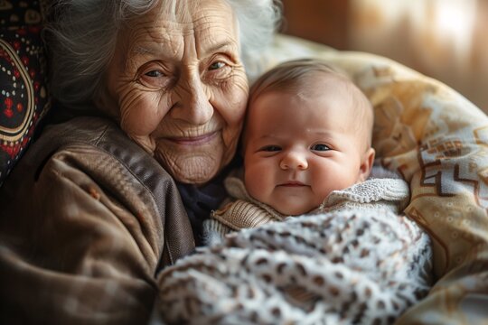 A heartwarming moment as an elderly woman cradles a newborn baby, wrapped in a soft blanket