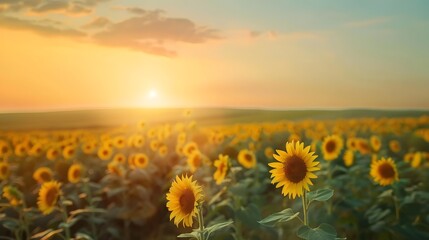 Fototapeta premium landscape of vast agricultural field with blooming yellow sunflowers in summer countryside during sunset. 