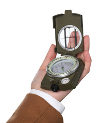 Woman holding compass on white background, closeup