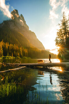 A Woman With A Dog Standing On The Log And looking at Majestic Mountain Peak of Mount Bering near Barclay Lake with Fog Haze on Sunny Day At Sunset