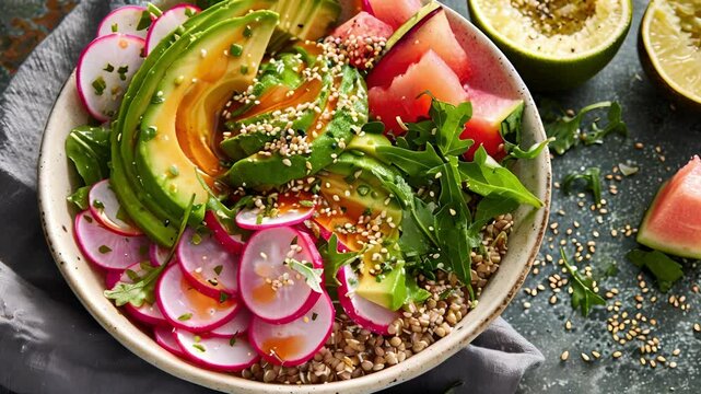 A refreshing grain bowl made with buckwheat watermelon radish avocado and a citrusy lime dressing.