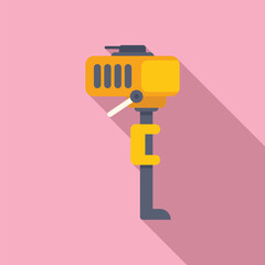 Yellow boat motor hanging on a pink background casting a long shadow