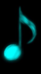 Glowing fluorescent turquoise neon musical 8th notational symbol sheet music note wallpaper background. 4k full hd abstract wallpaper backdrop on an a deep dark midnight black background 