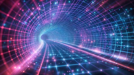 Obraz premium Digital Wireframe Tunnel With Pink And Blue Lights