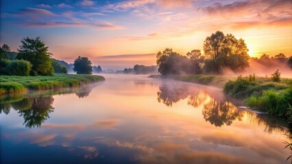 Obraz premium Soft mist covers a serene river at dawn, misty, morning, river, tranquil, calm, mist, fog, water, peaceful, serene, nature