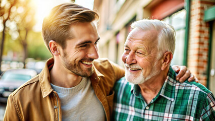 Senior father and son walking in the city. They are smiling.