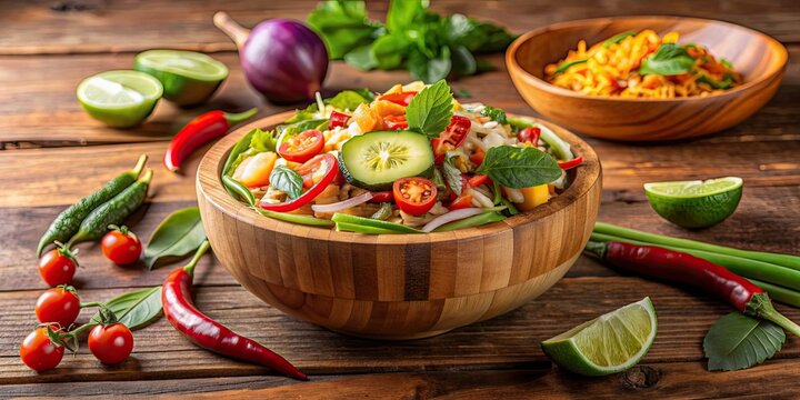 Traditional Burmese lahpet thoke served in wooden bowl with fresh ingredients , Burmese