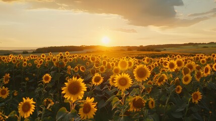 Fototapeta premium landscape of vast agricultural field with blooming yellow sunflowers in summer countryside during sunset. 