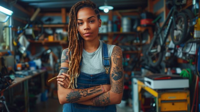 A photo of an attractive woman with dreadlocks standing in her bike shop holding tools