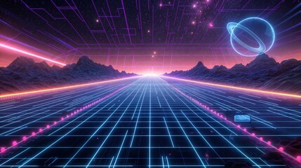 Retro Futuristic Highway With Ringed Planet