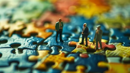 Fototapeta premium Close-up of tiny businesspeople working on a jigsaw puzzle on a conference table