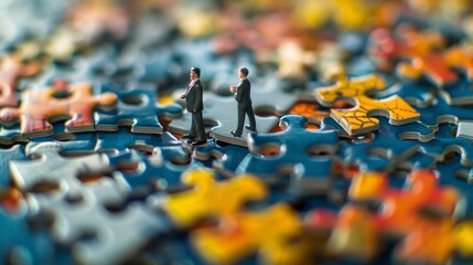 Obraz premium Close-up of tiny businesspeople working on a jigsaw puzzle on a conference table