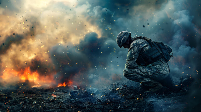 hombre pidiendo con fe y esperanza rogando a Dios implorando que termine la guerra hombre triste y deprimido en medio de las explosiones y destrucciones causadas por la guerra