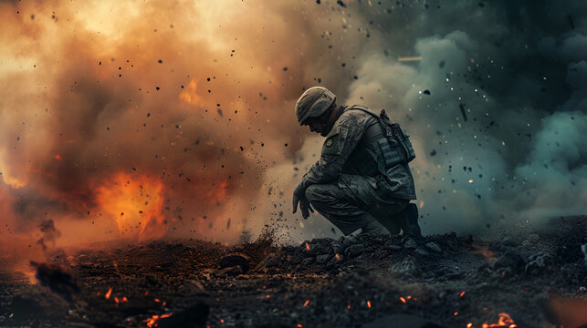 soldado en medio de explosiones de la guerra cansado y triste estresado y viviendo una pesadilla en la guerra