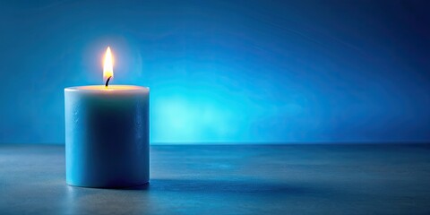Softly lit blue candle against gradient blue background, radiating tranquility and calmness, Candle, Blue