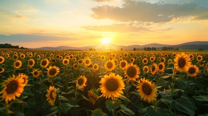 landscape of vast agricultural field with blooming yellow sunflowers in summer countryside during sunset. 