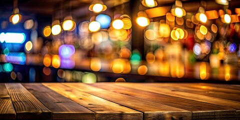 Top of wood table with light reflection against abstract blur bar or club in the dark night background , table, wood, light, reflection