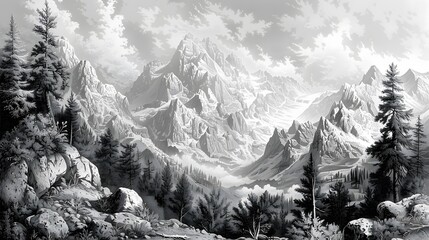Illustrated engraving of a mountain range with intricate rock formations and trees