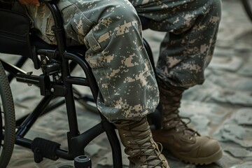 Close-up on legs of a military man sitting in a wheelchair