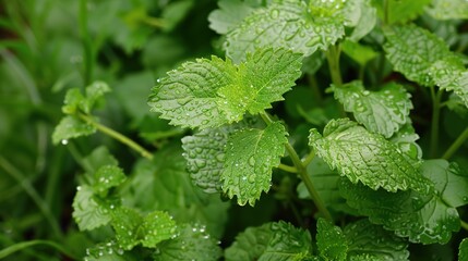 Melissa Plant Leaves with Water Drops: Refreshing and Natural
