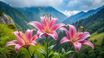 Three realistic pink lilies with dew drops on a mountainside , lilies, pink, dew drops, mountainside, nature, realistic © Sujid