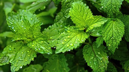 Melissa Plant Leaves with Water Drops: Refreshing and Natural