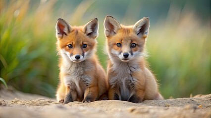 Two adorable red fox kits sitting closely together on sandy ground, red fox, kits, wildlife, animals, cute, young, pair, siblings