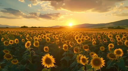 Fototapeta premium landscape of vast agricultural field with blooming yellow sunflowers in summer countryside during sunset. 