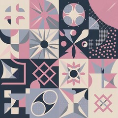 Obraz premium Abstract background, different geometric shapes, baroque style, pink and purple colors