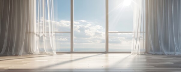 Fototapeta premium Bright and spacious room with large windows, sheer curtains, and ocean view, bathed in natural sunlight.