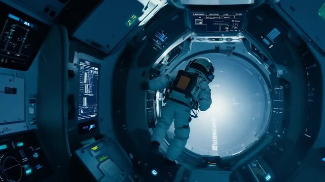 Astronaut floating inside a rocket in space