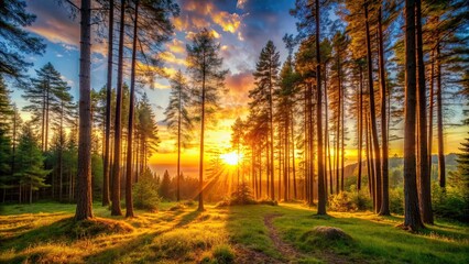 Obraz premium Vibrant sunset casting warm glow on trees in a peaceful forest , sunset, forest, golden hour, trees, nature, sun rays