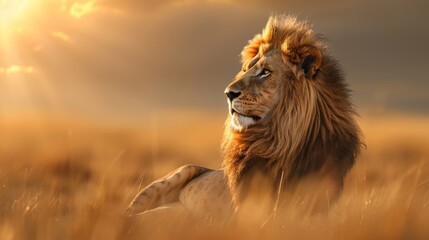 Majestic lion in a savannah, showcasing the powerful and graceful mammal in its natural habitat, golden sunlight enhancing the scene