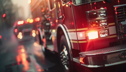 Naklejka premium Fire truck rushing through a rainy urban street at dusk, emergency response in action.