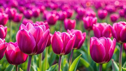 Naklejka premium Vibrant field of magenta tulips, spring, flowers, bloom, garden, floral, pink, colorful, petal, nature, beauty, landscape