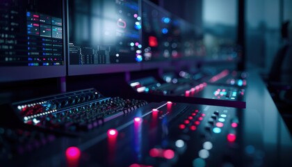Close-up of a modern control room with illuminated control panels and monitors, showcasing advanced technology and data management.