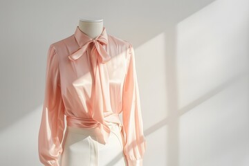 Chic pastel pink silk blouse displayed on an invisible mannequin